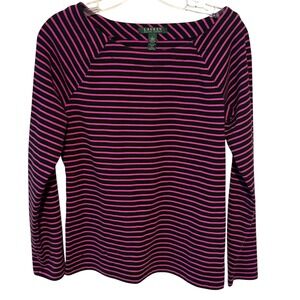 Lauren Ralph Lauren Women's Black and Purple Striped Long Sleeve Tee Size L